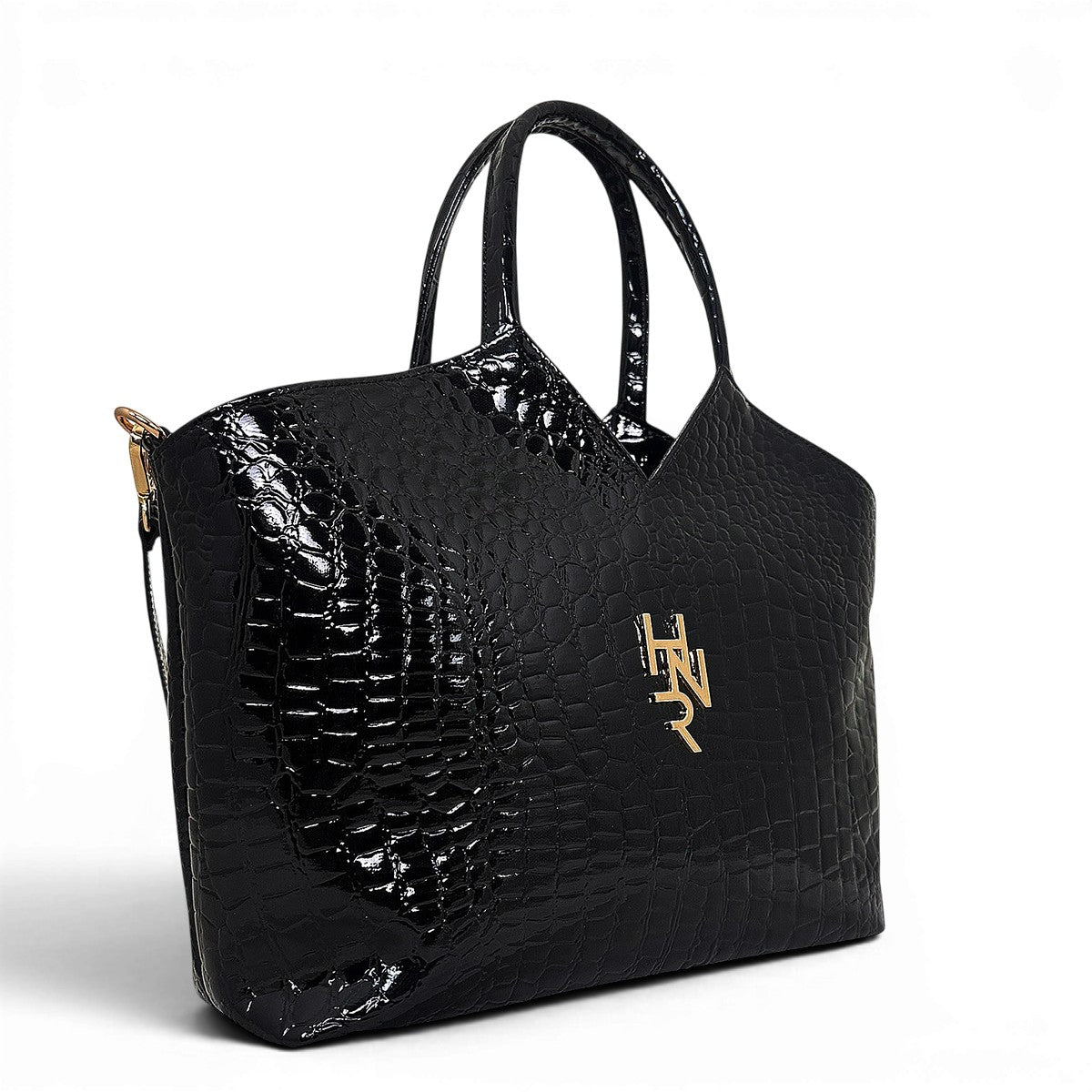 Τσάντα Ώμου tote Croco Glos μαύρο Hunter με γυαλιστερή υφή κροκό