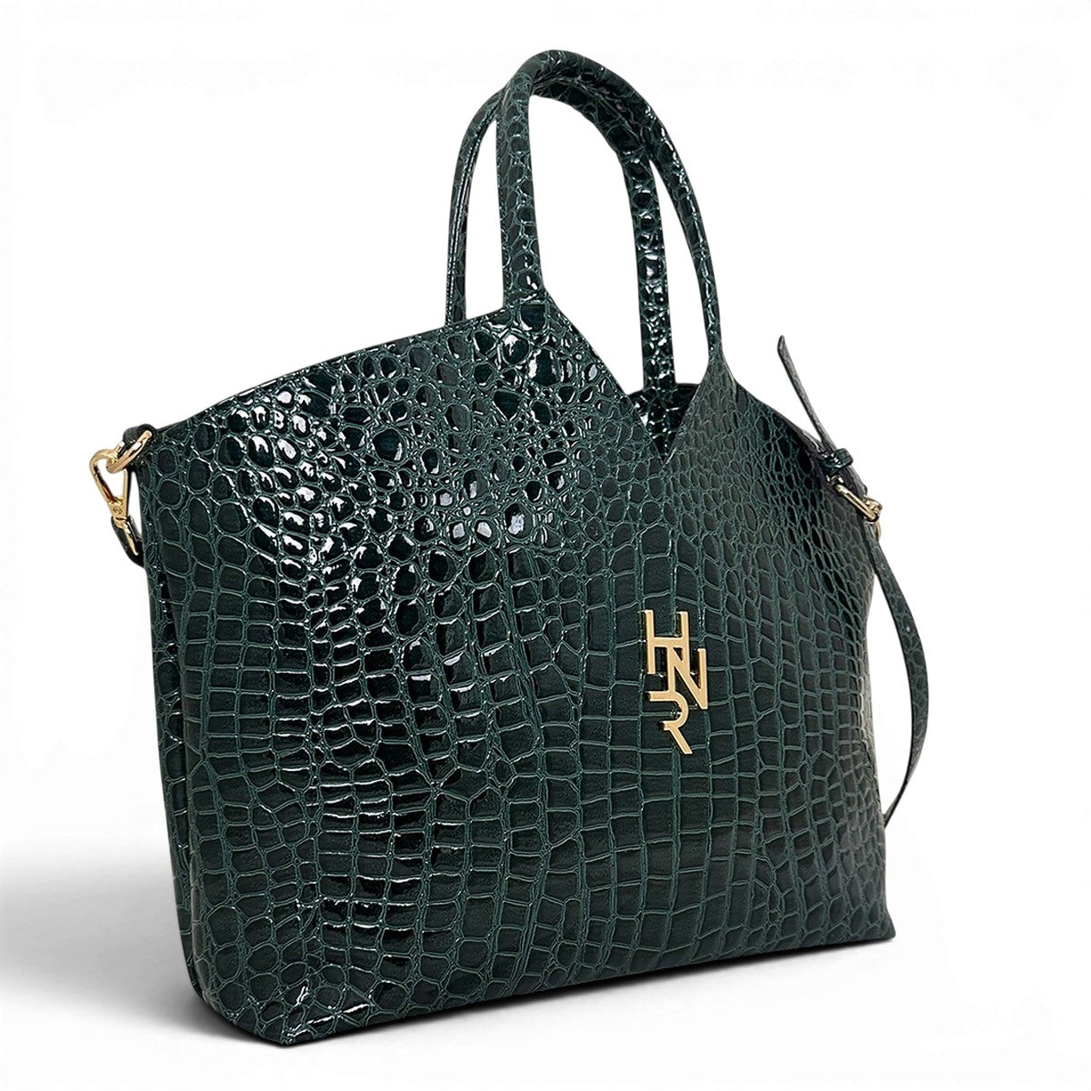 Τσάντα Ώμου tote Croco Glos πράσινο Hunter με γυαλιστερή υφή κροκό