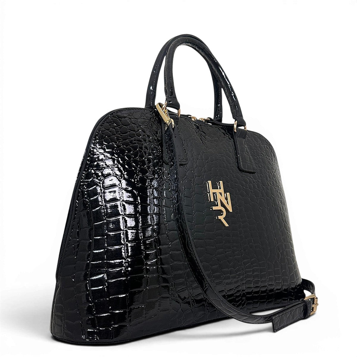 Τσάντα Ώμου maxi tote Croco Glos μαύρο Hunter με γυαλιστερή υφή κροκό