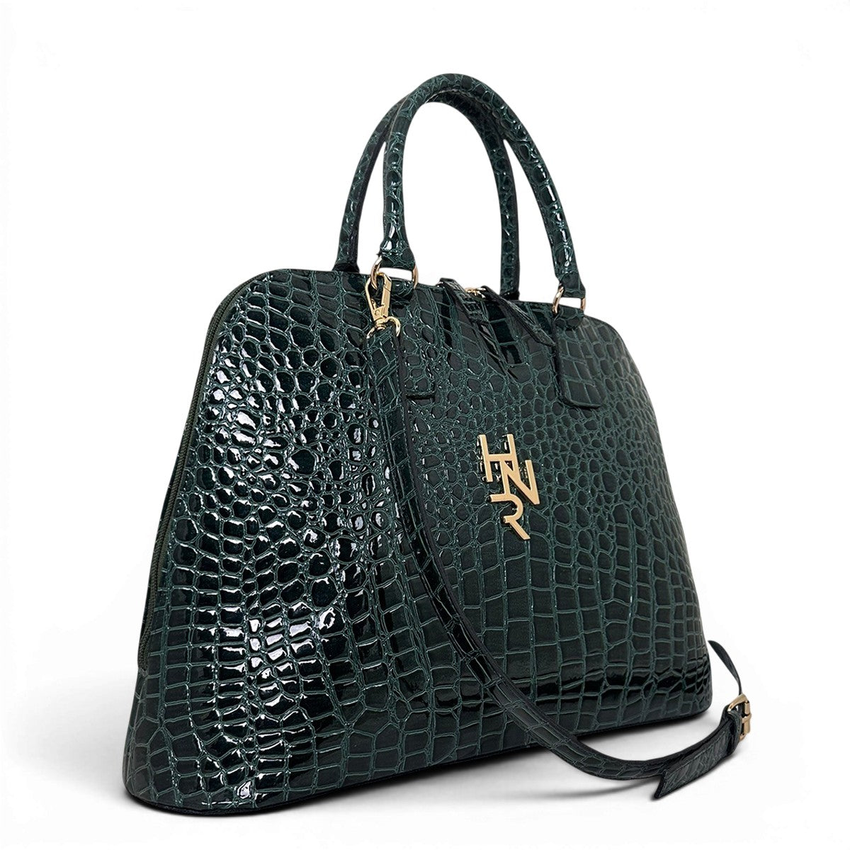 Τσάντα Ώμου maxi tote Croco Glos πράσινο Hunter με γυαλιστερή υφή κροκό