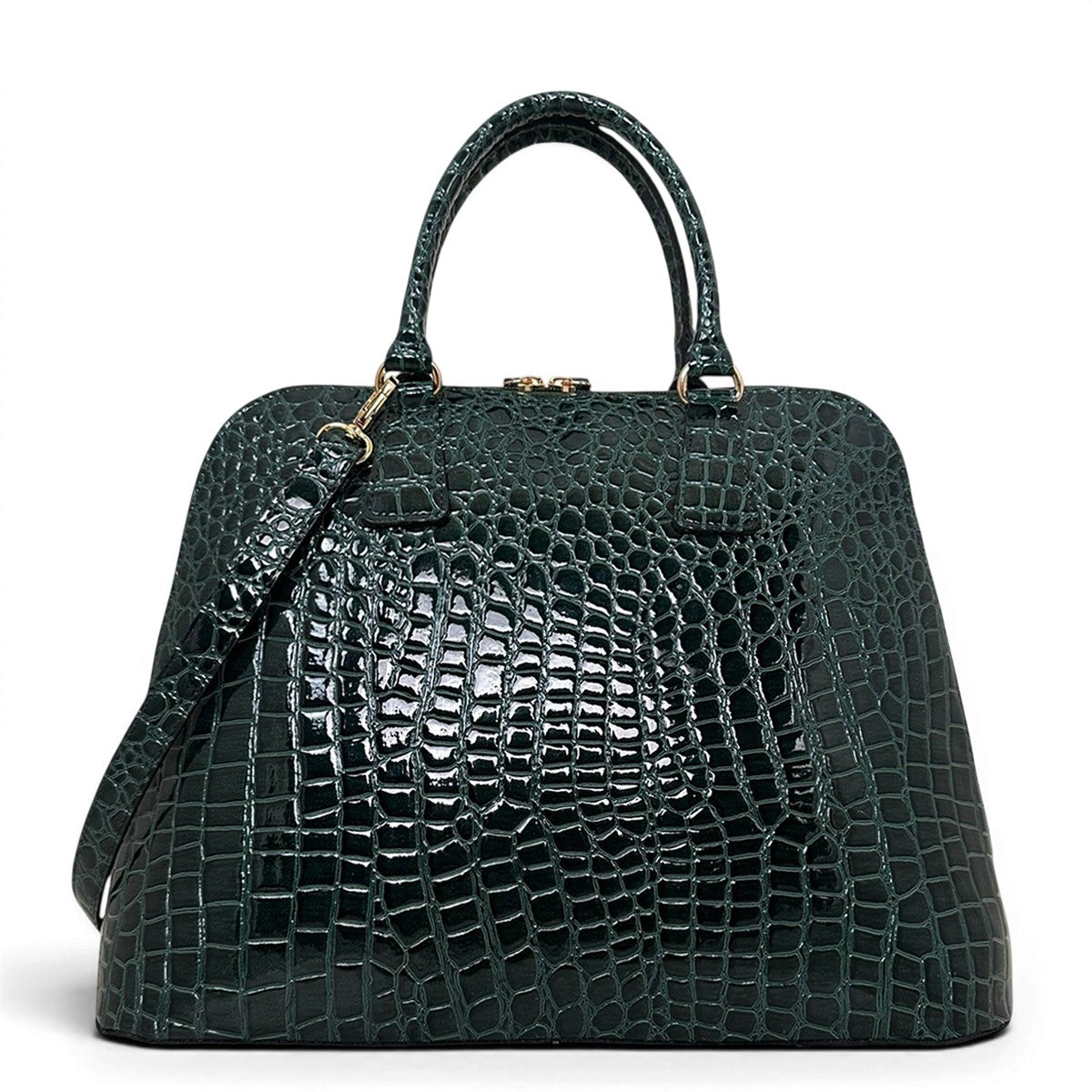 Τσάντα Ώμου maxi tote Croco Glos πράσινο Hunter, 2 σταθερά κοντά αναδιπλούμενα χεράκια