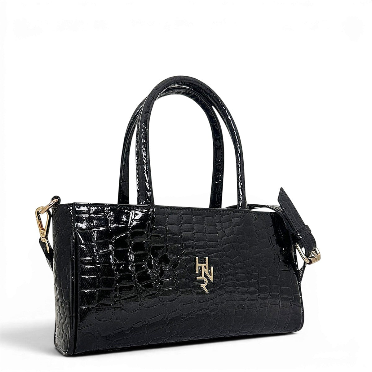 Τσάντα Ώμου mini tote Croco Glos μαύρο Hunter με γυαλιστερή υφή κροκό