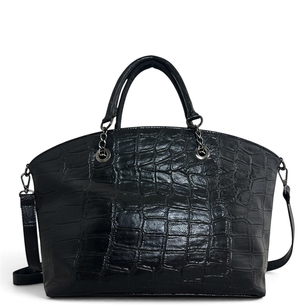 Τσάντα Ώμου chainy tote Croco μαύρο Hunter, 2 κοντά χεράκια με λεπτομέρειες αλυσίδας