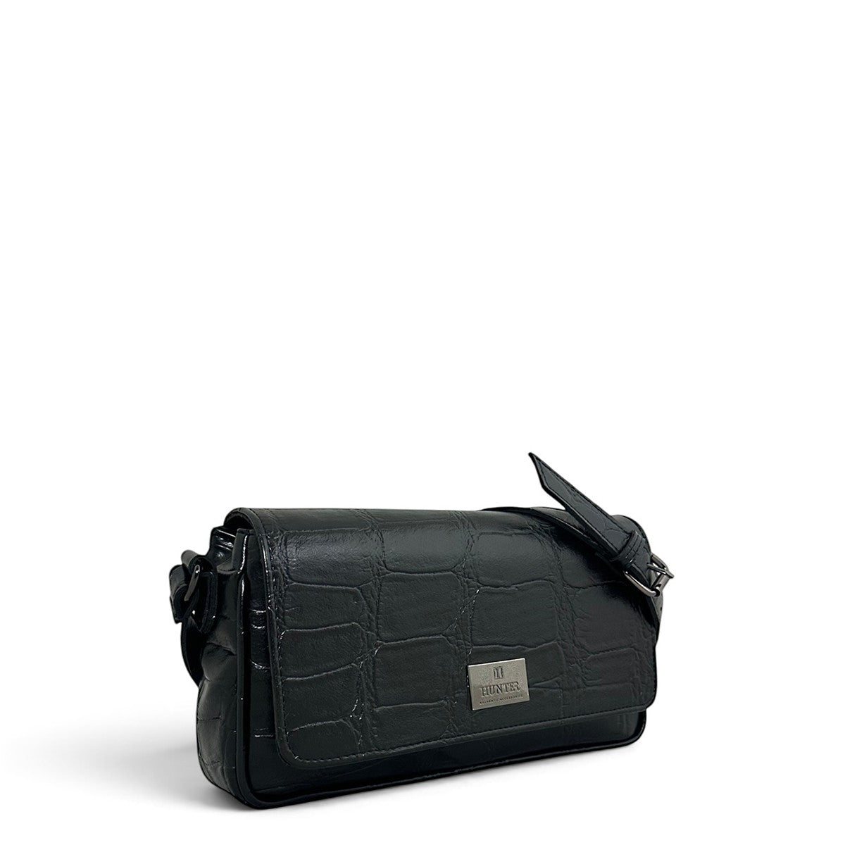 Τσάντα Χιαστί mini flap Croco μαύρο Hunter με υφή κροκό