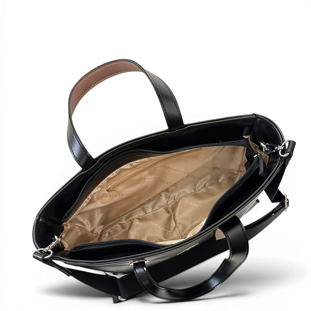 Τσάντα Ώμου tote Mokka μαύρο Hunter, τυπωμένη φόδρα HUNTER