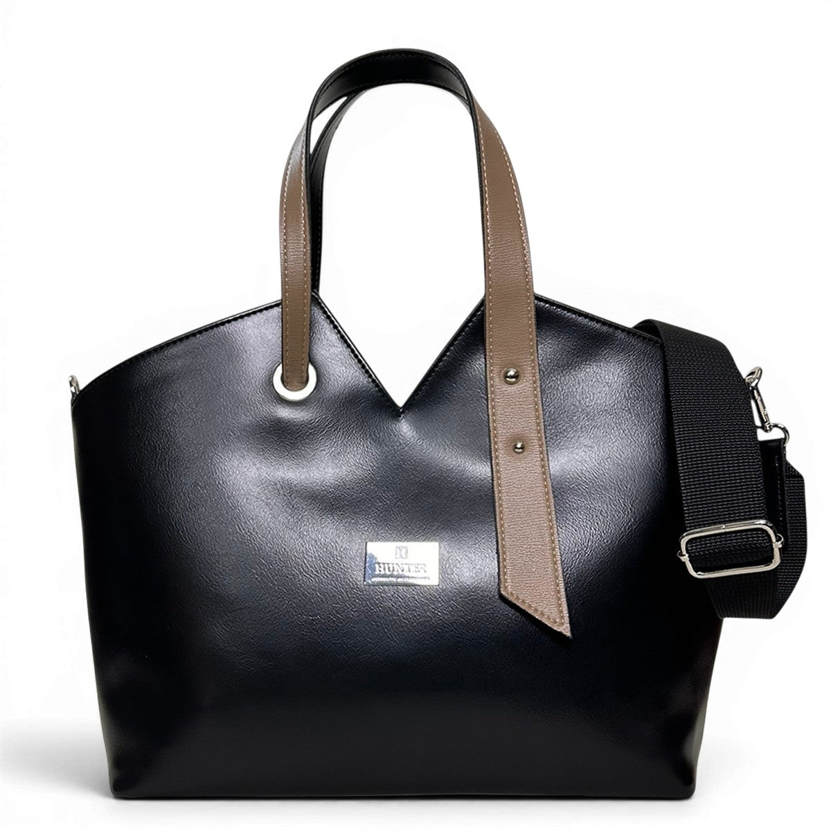 Τσάντα Ώμου triangle tote Mokka μαύρο Hunter με λεία υφή σε διχρωμία