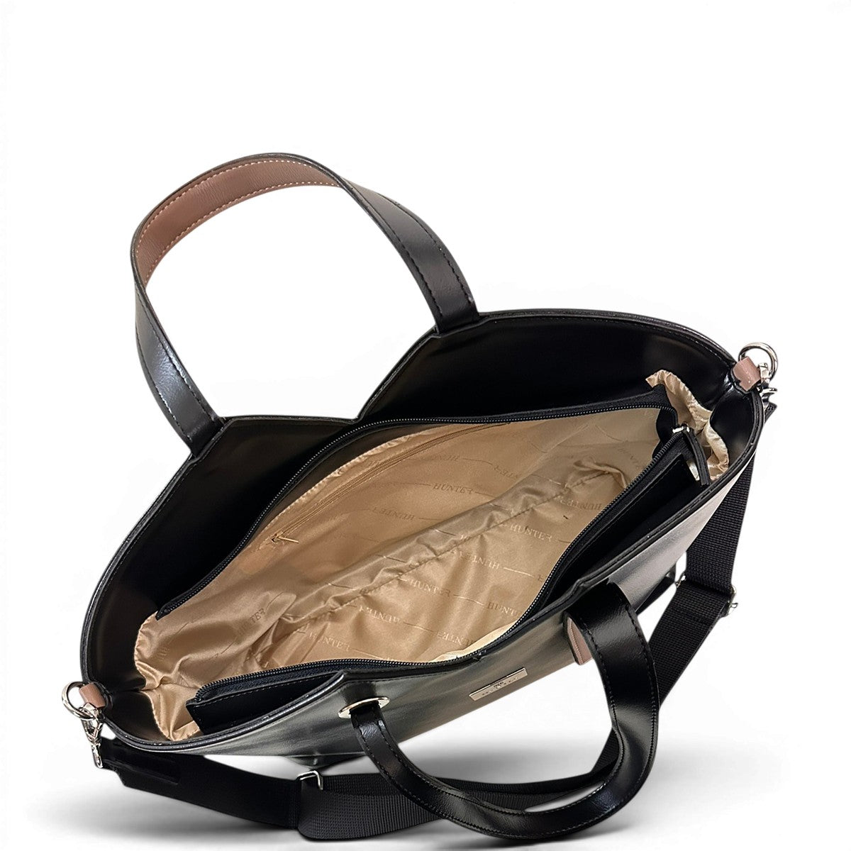 Τσάντα Ώμου triangle tote Mokka μαύρο Hunter, τυπωμένη φόδρα HUNTER