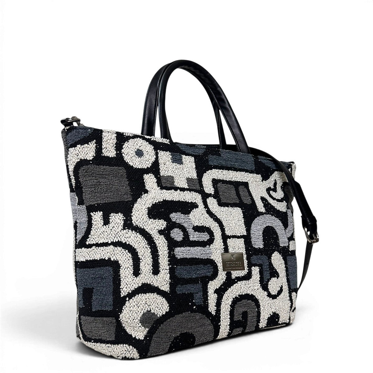 Τσάντα maxi tote Rosa πολύχρωμο μπλε Hunter σε πλάγια όψη, με μαύρα χεράκια και λουράκι