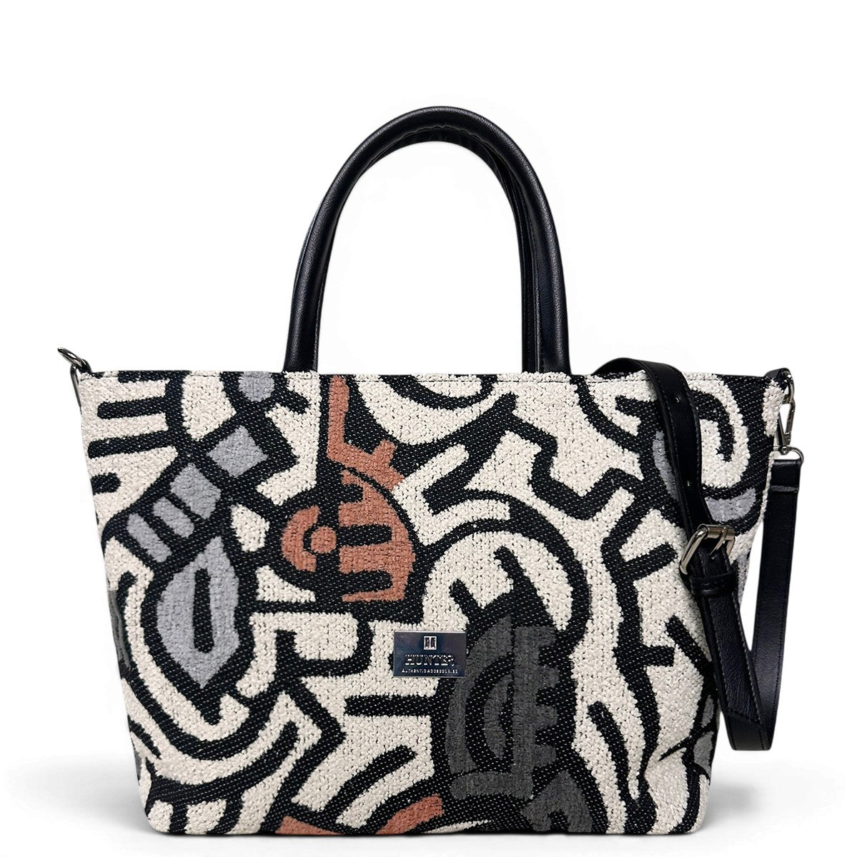 Γυναικεία τσάντα ώμου maxi tote Rosa πολύχρωμο ταμπά Hunter από ύφασμα μπουκλέ με γραφιστικό σχέδιο