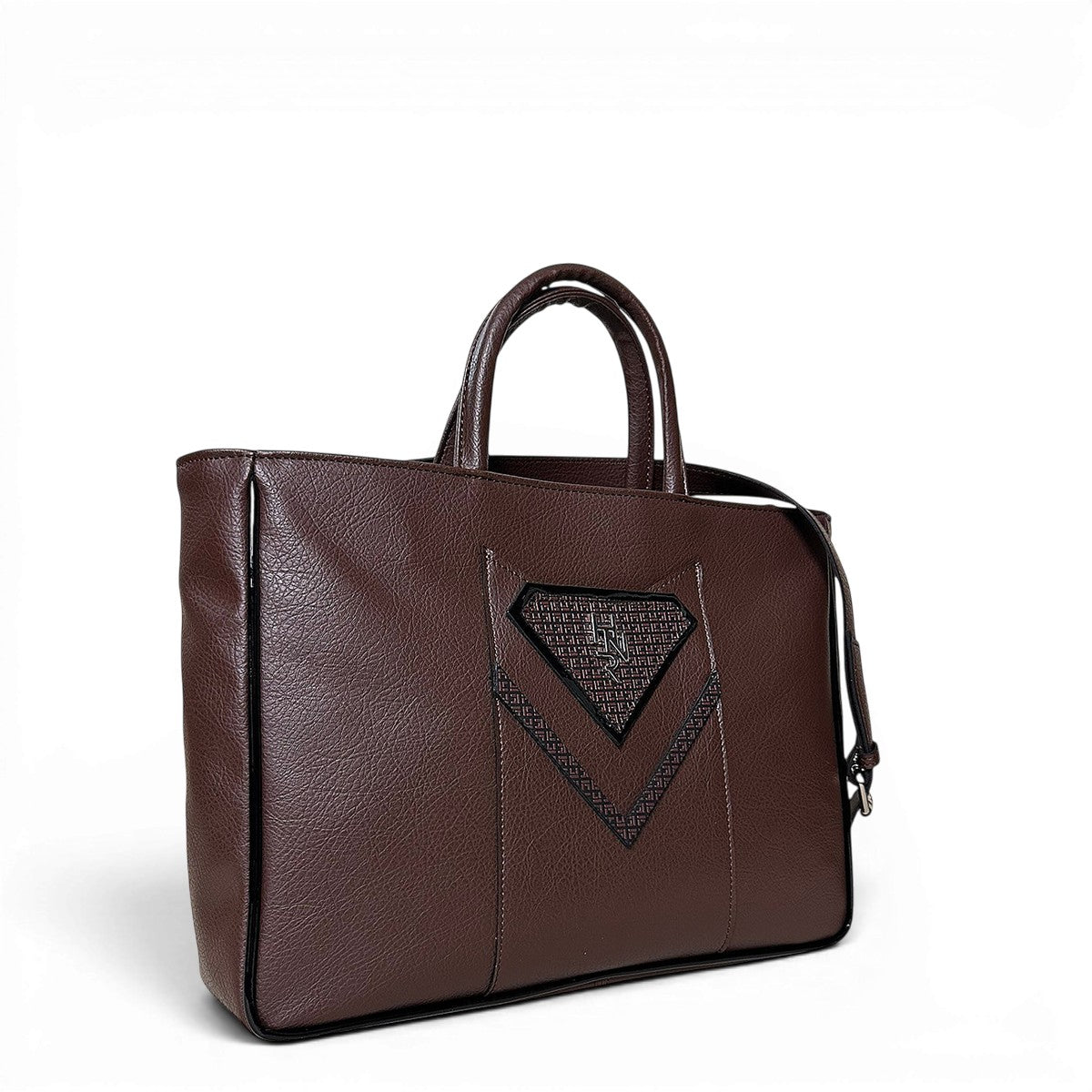 Τσάντα Ώμου maxi tote Tie καφέ Hunter με λεία υφή και μαύρο λουστρίνι
